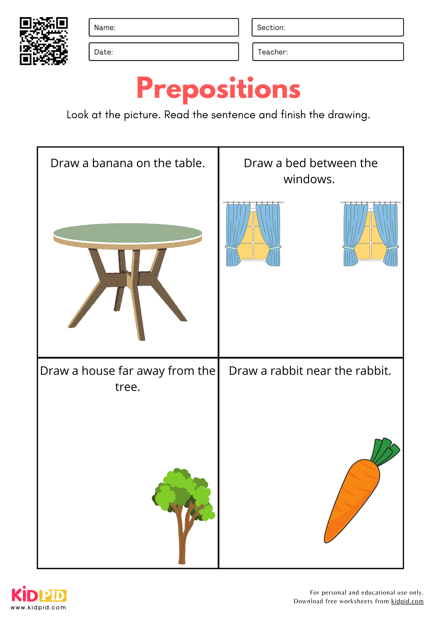 Location Prepositions Practice Worksheet for Kindergarten