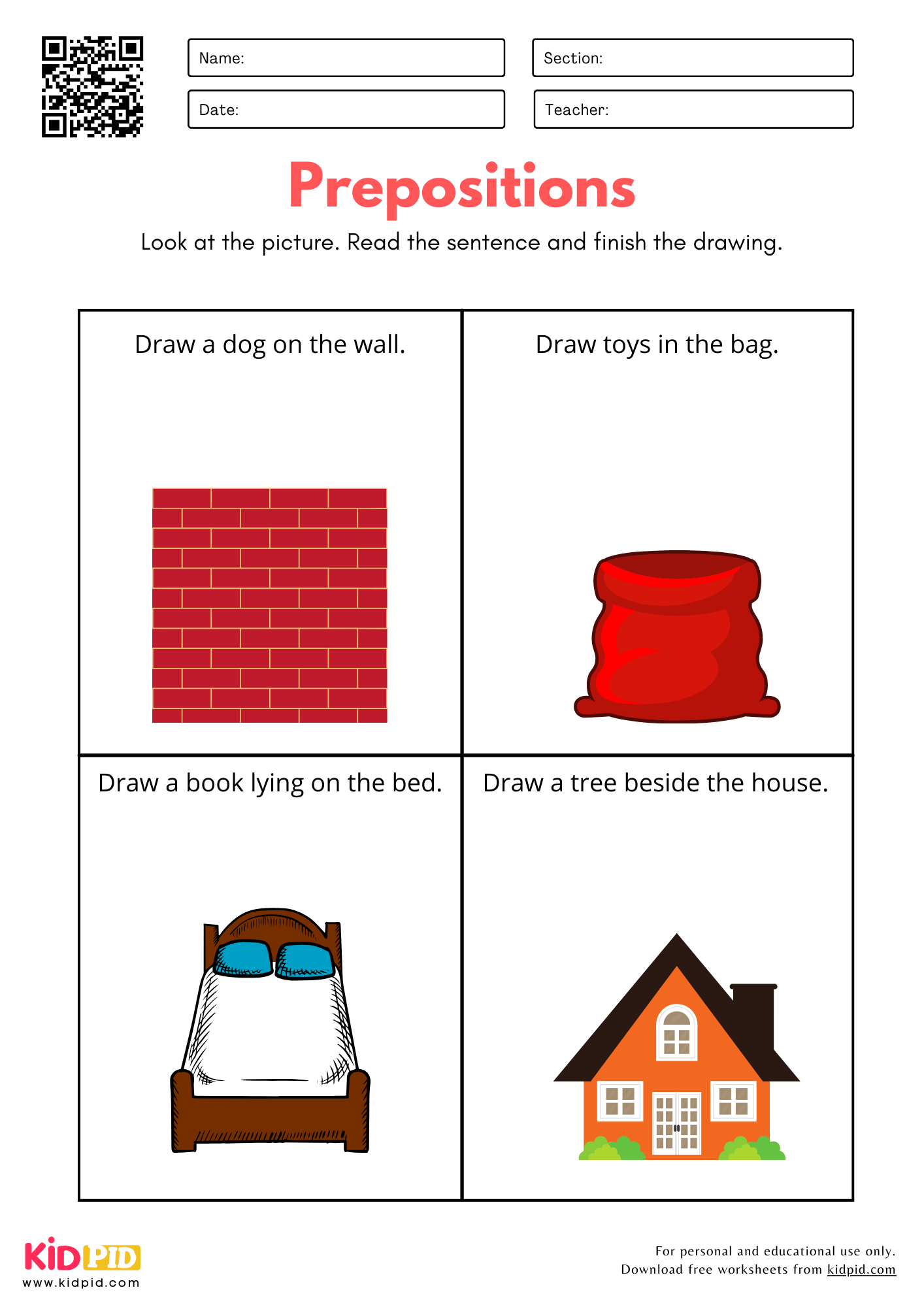 Location Prepositions Practice Worksheet for Kindergarten