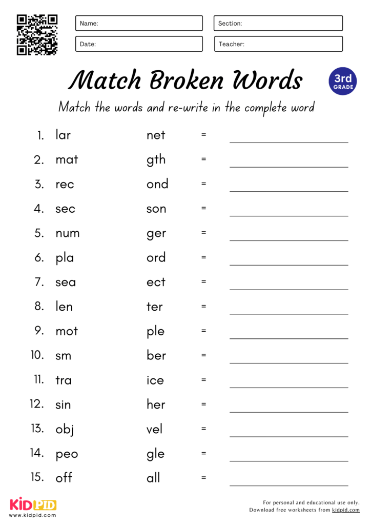 Match & Complete the Words Worksheet for Grade 3