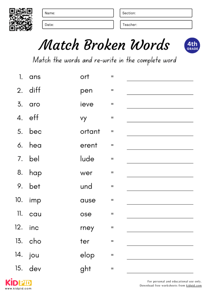 Match & Complete the Words Worksheet for Grade 4