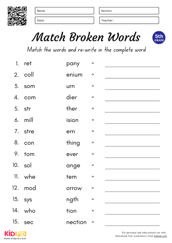 Match & Complete the Words Worksheet for Grade 5