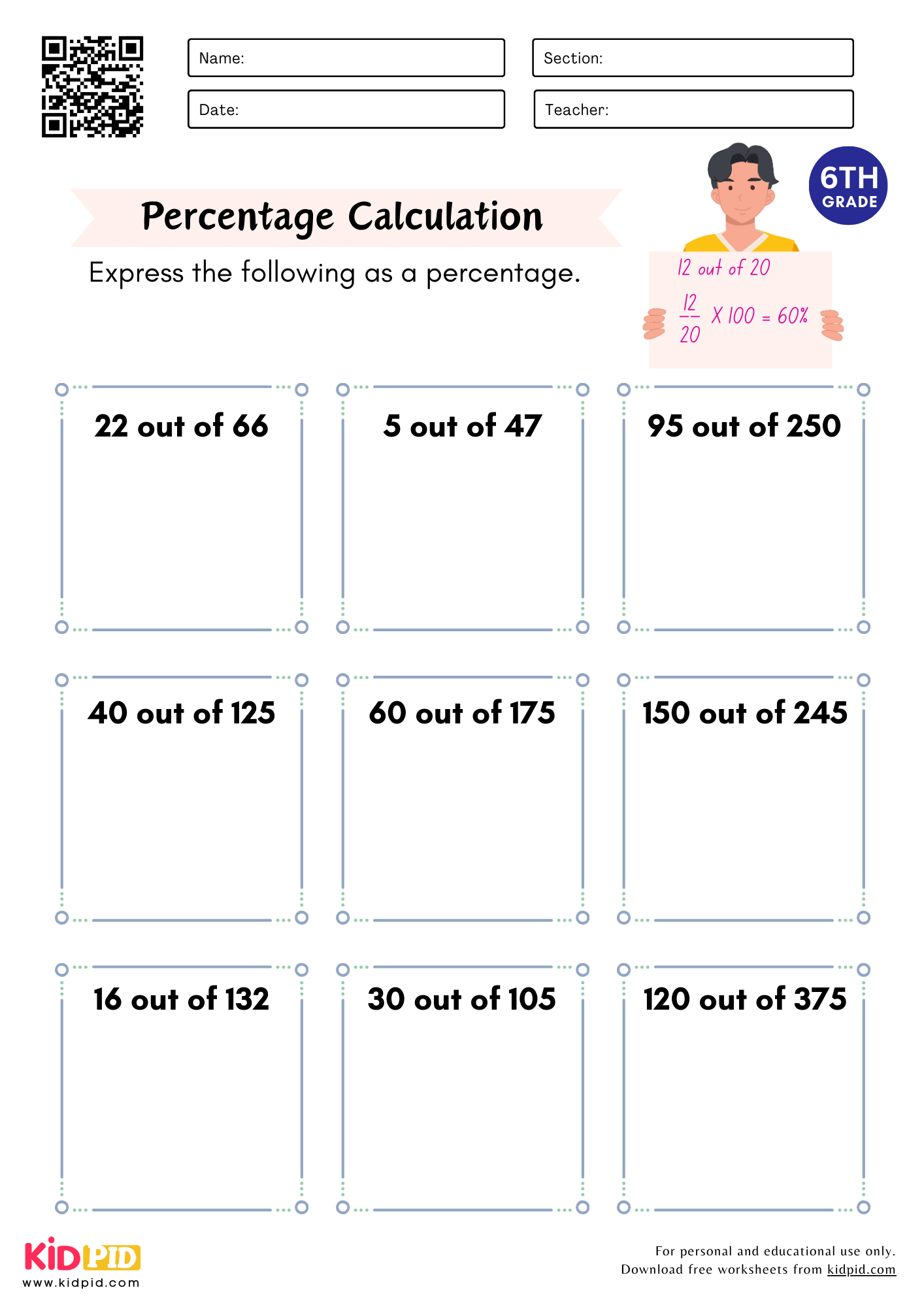 Percentage Calculation Worksheet for Grade 6