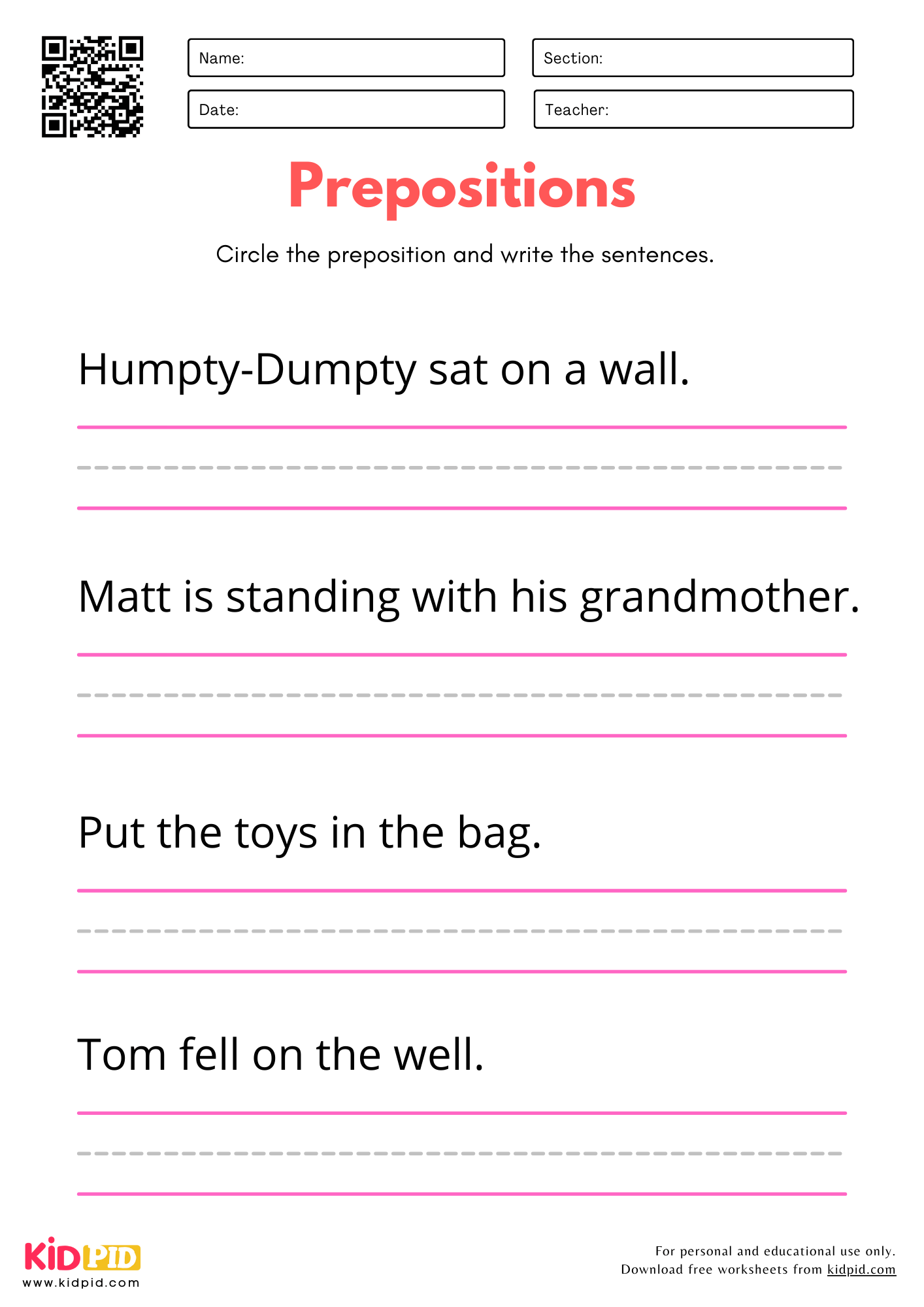 Prepositions Identification Worksheet for Kindergarten