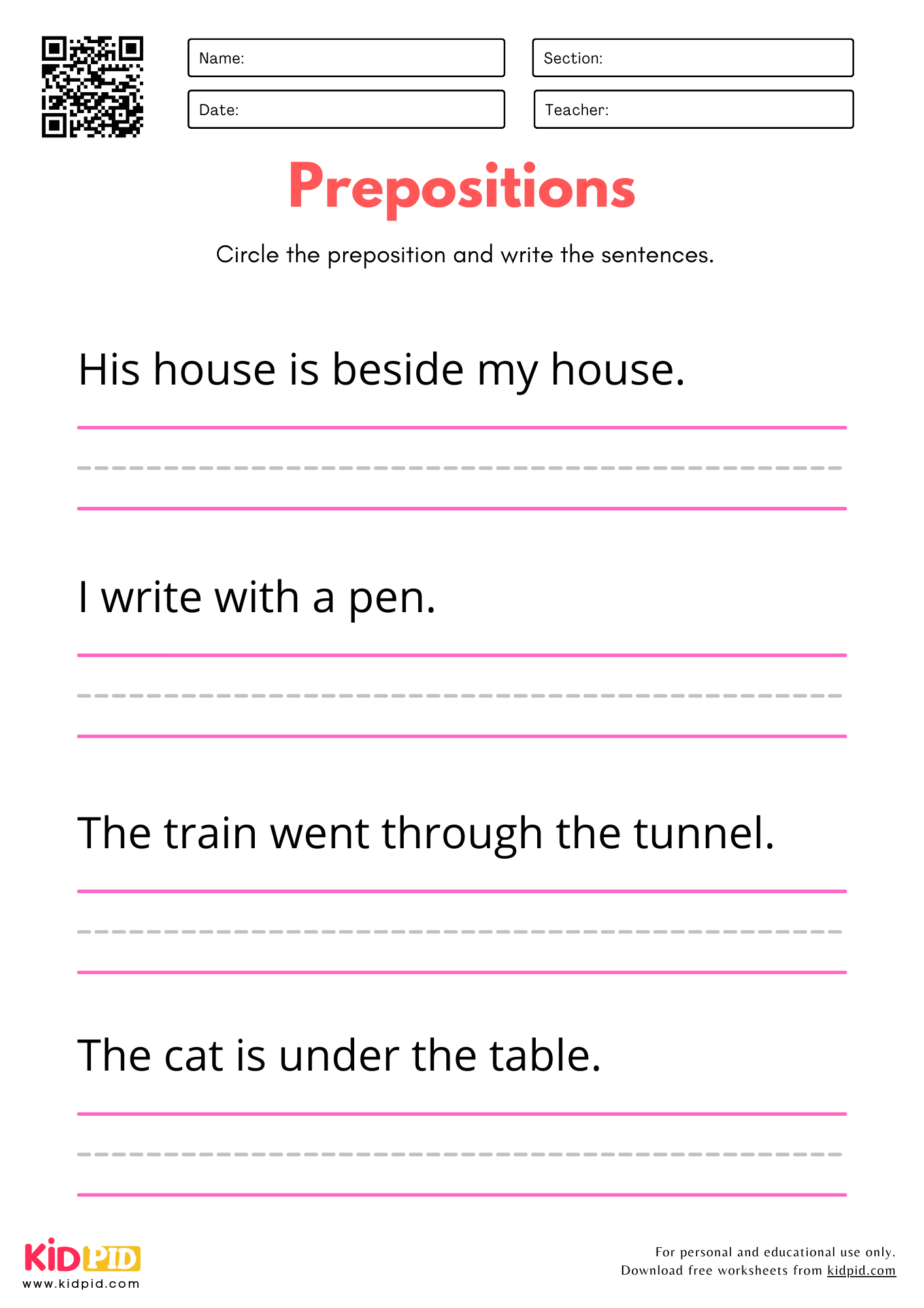 Prepositions Identification Worksheet for Kindergarten