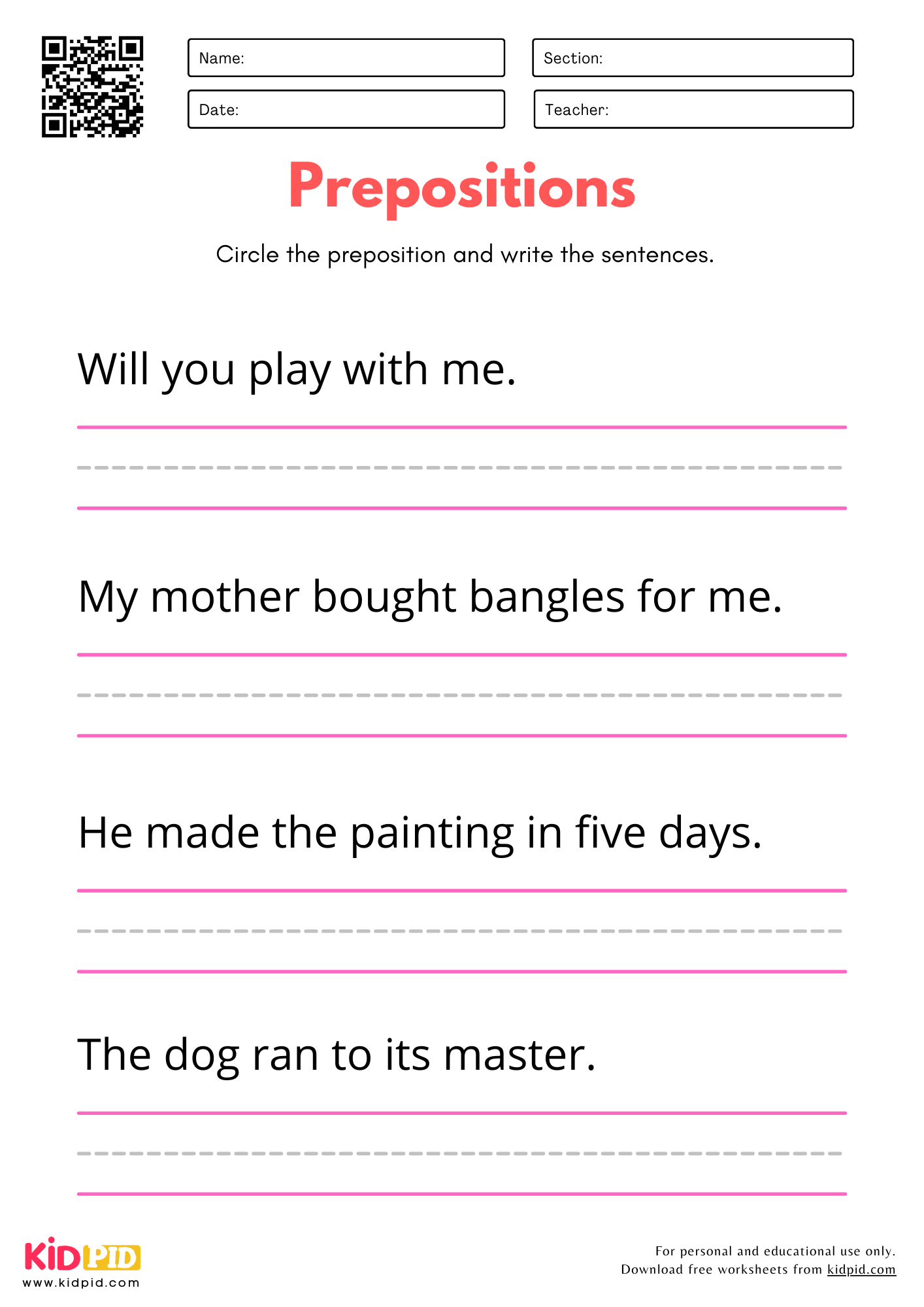 Prepositions Identification Worksheet for Kindergarten