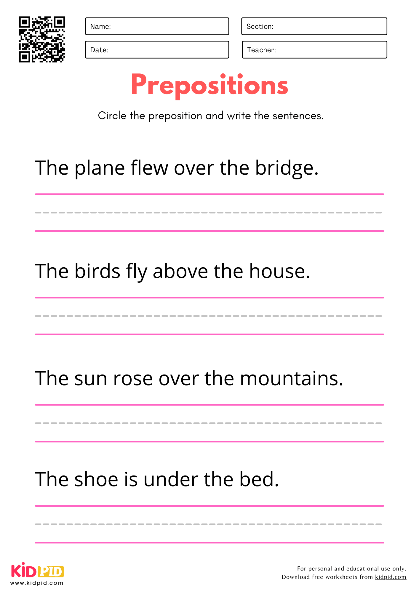 Prepositions Identification Worksheet for Kindergarten
