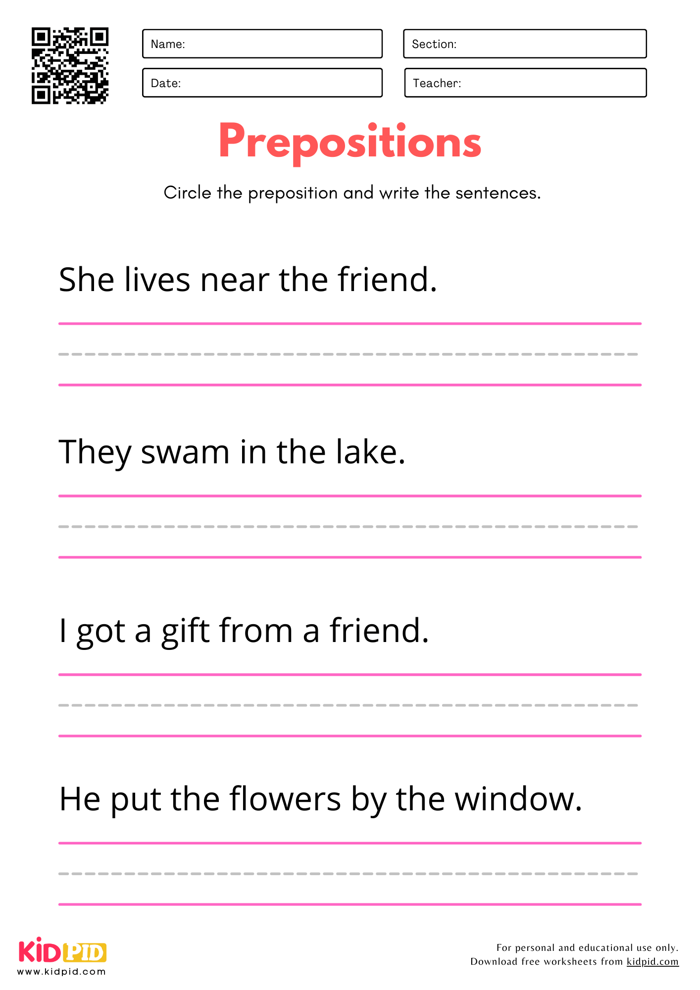 Prepositions Identification Worksheet for Kindergarten