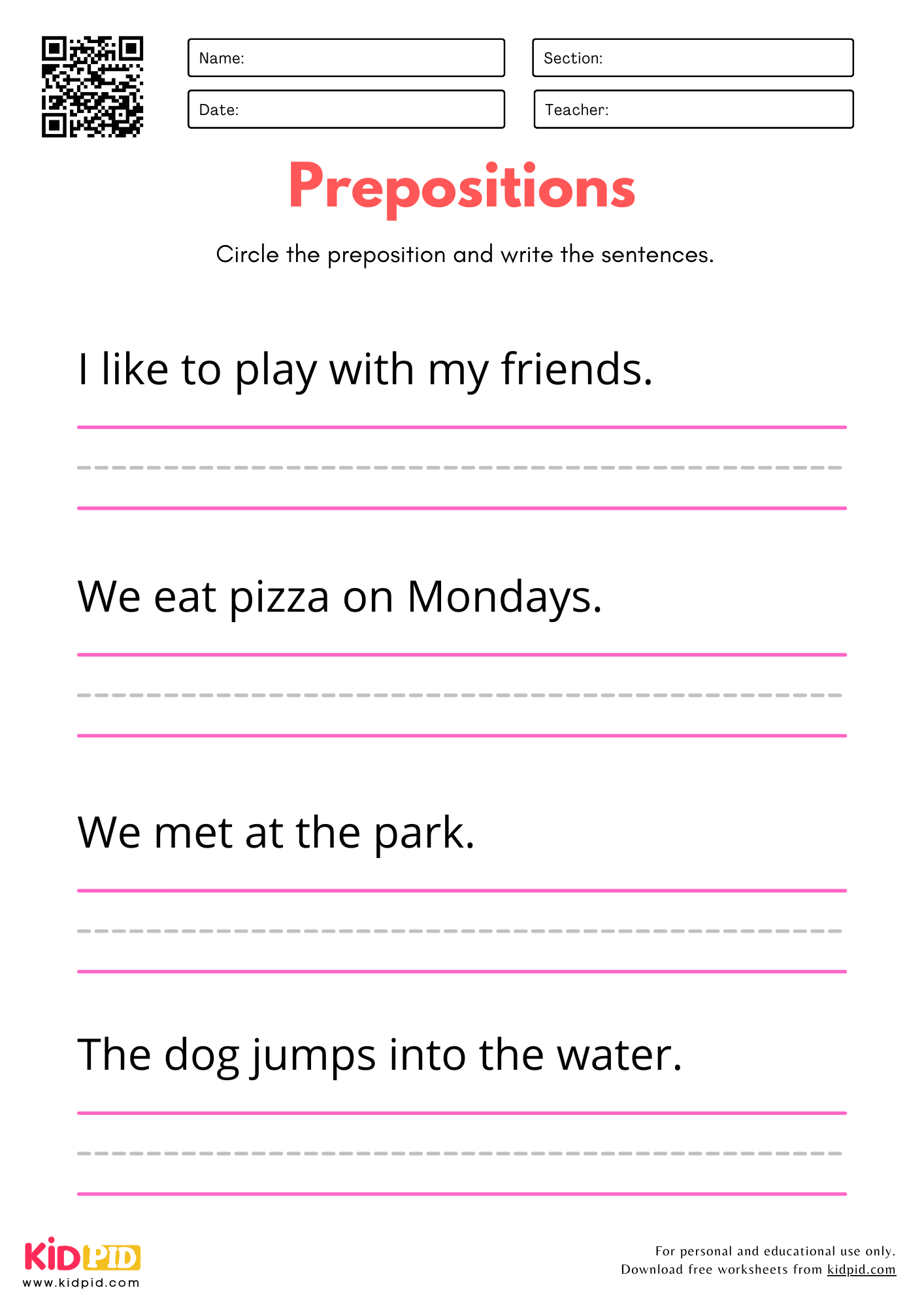 Prepositions Identification Worksheet for Kindergarten