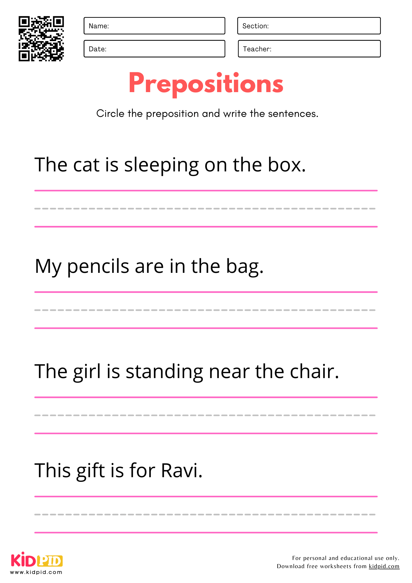 Prepositions Identification Worksheet for Kindergarten