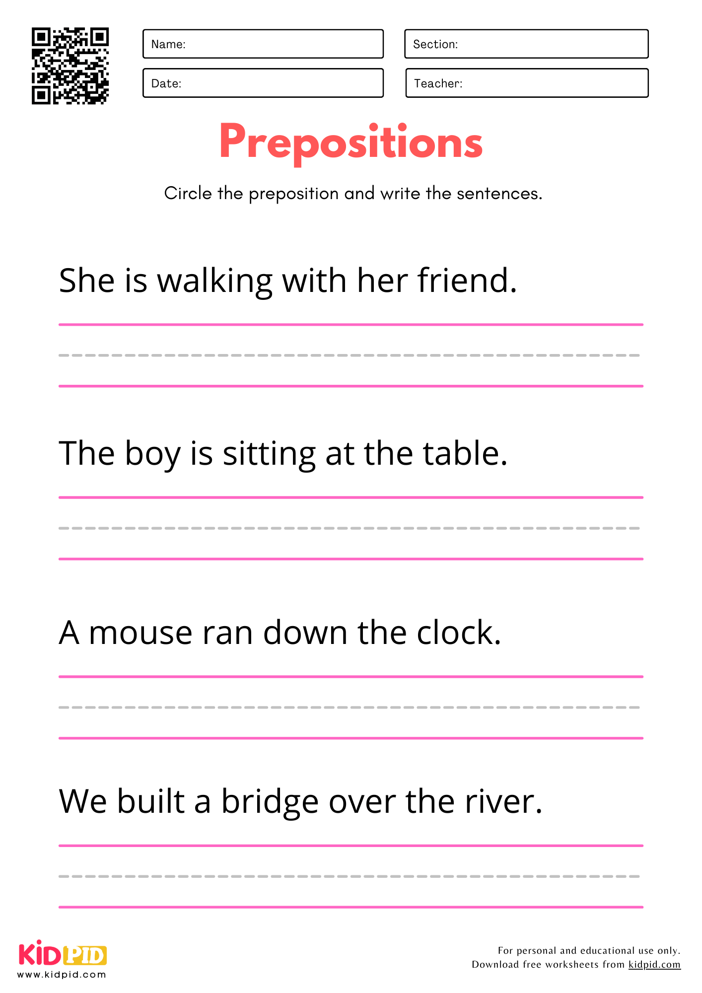 Prepositions Identification Worksheet for Kindergarten