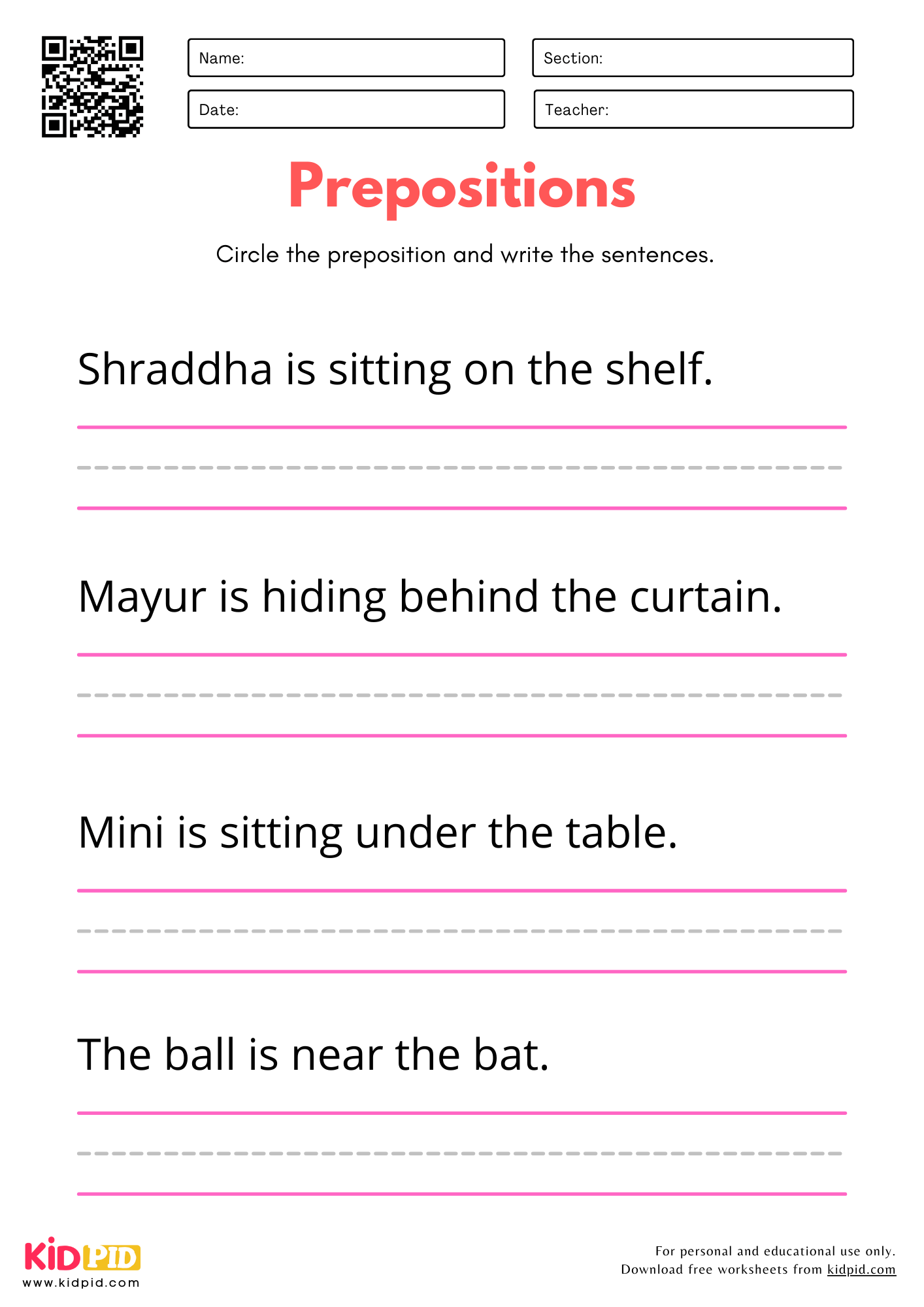 Prepositions Identification Worksheet for Kindergarten