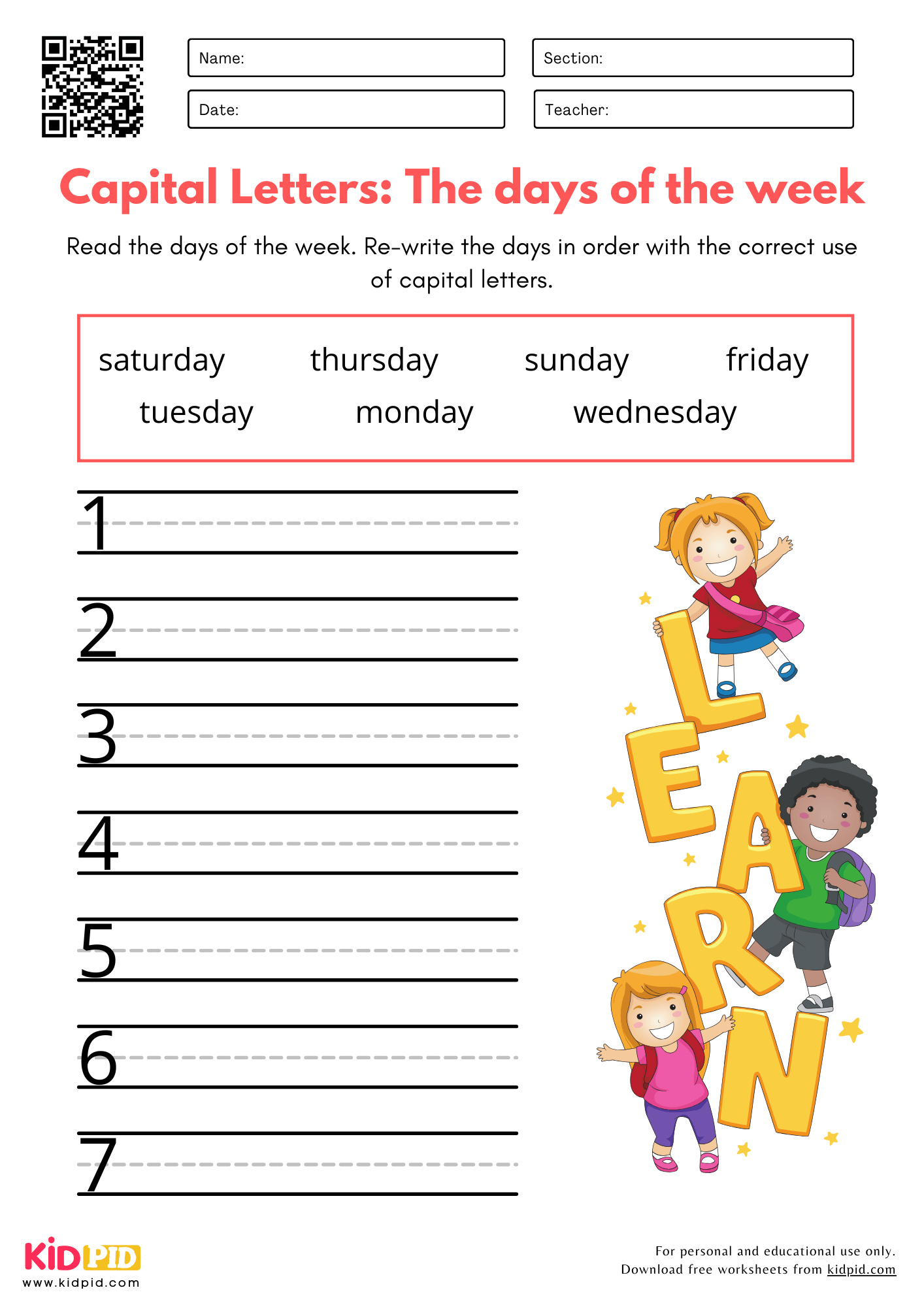 Capital Letters: The Days Of The Week - Proper Noun Capitalizations Practice Worksheet for Kindergarten