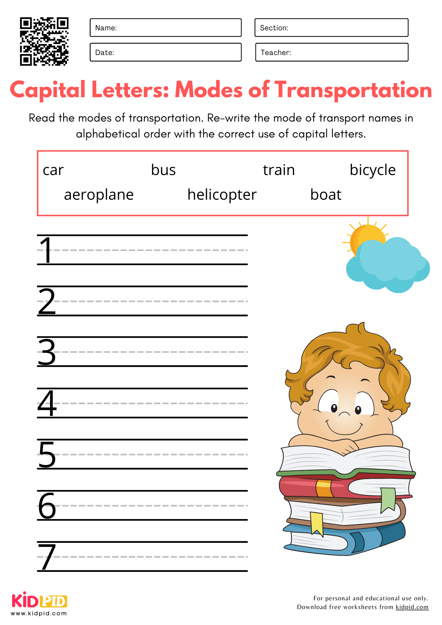 Capital Letters: Modes Of Transportation - Proper Noun Capitalizations Practice Worksheet for Kindergarten