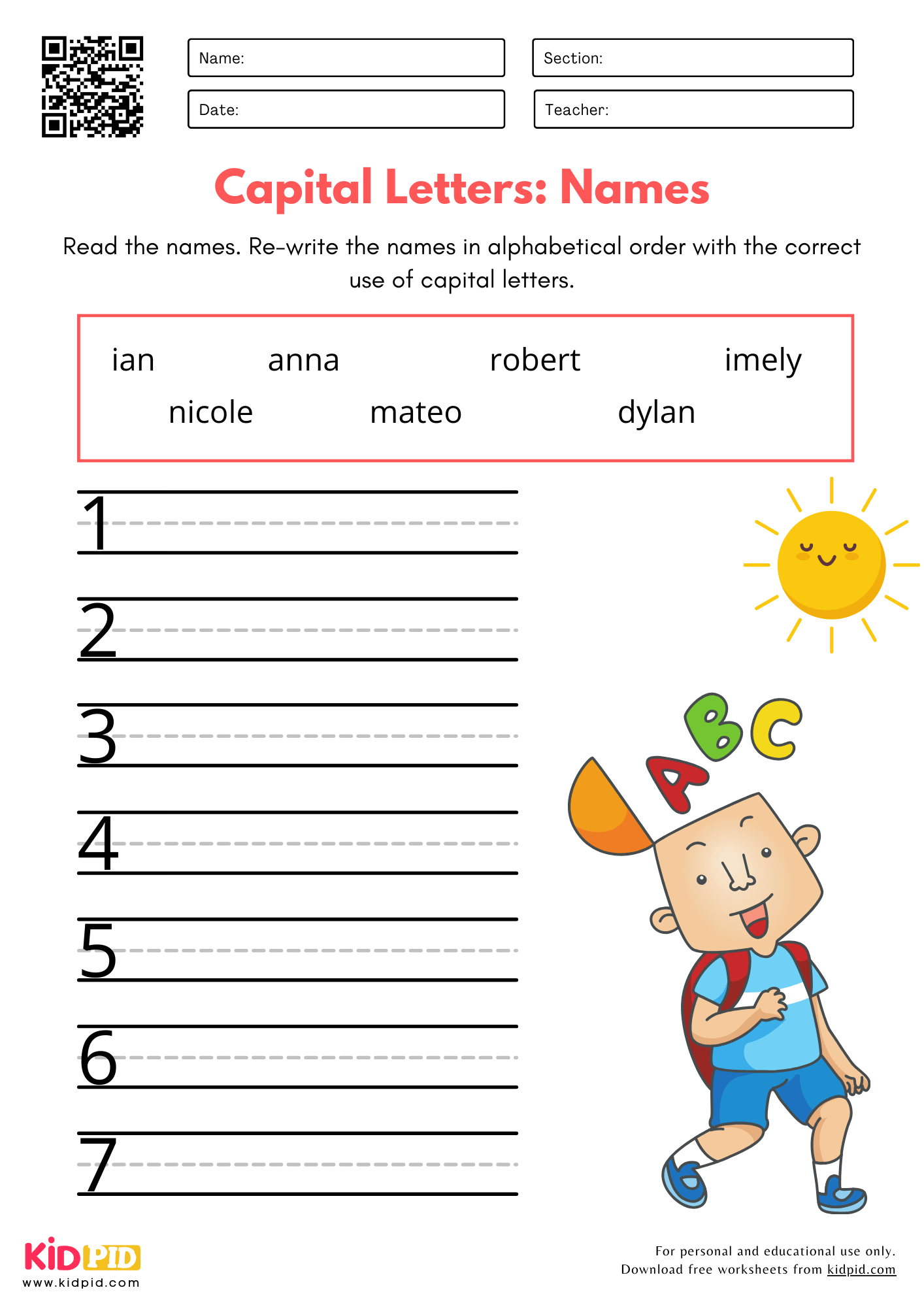 Capital Letters: Names - Proper Noun Capitalizations Practice Worksheet for Kindergarten