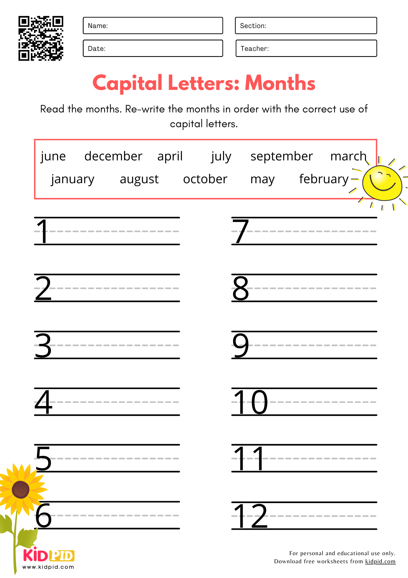 Capital Letters: Months - Proper Noun Capitalizations Practice Worksheet for Kindergarten