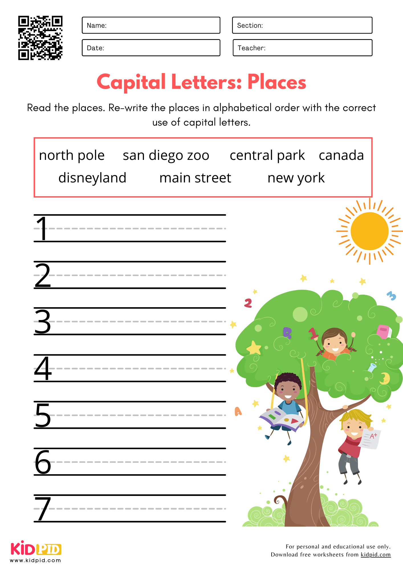 Capital Letters: Places - Proper Noun Capitalizations Practice Worksheet for Kindergarten