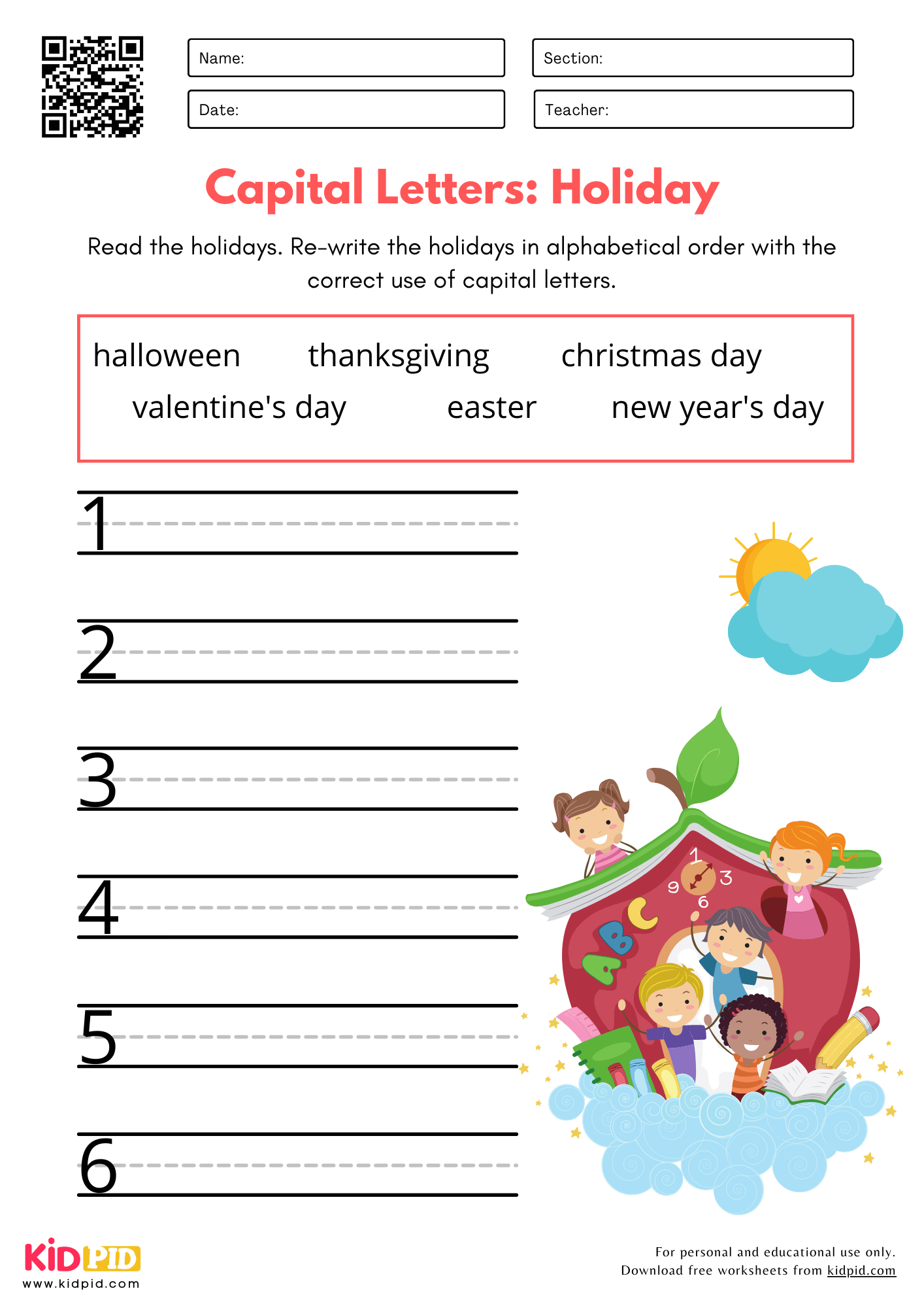 Capital Letters: Holiday - Proper Noun Capitalizations Practice Worksheet for Kindergarten