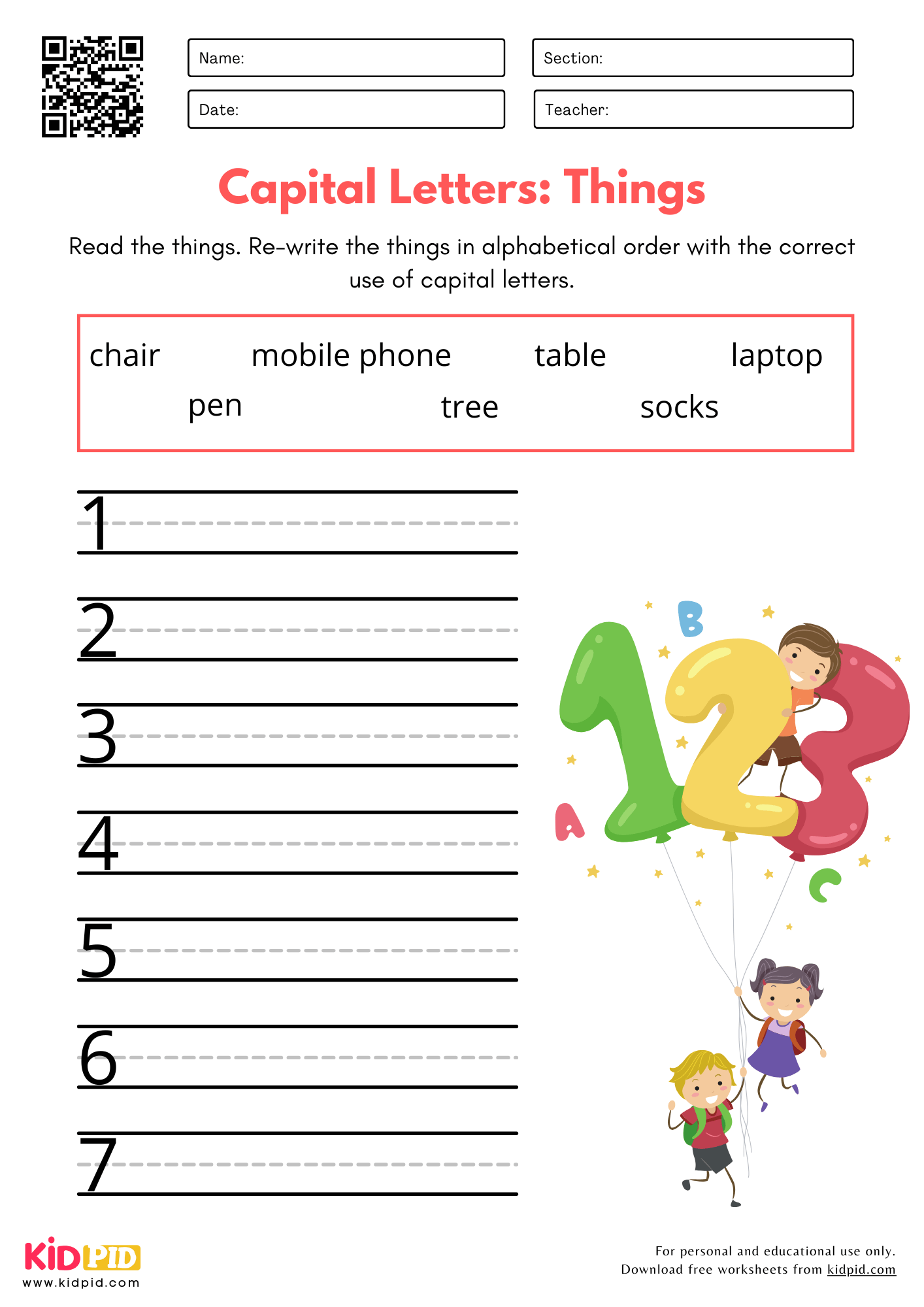Capital Letters: Things - Proper Noun Capitalizations Practice Worksheet for Kindergarten