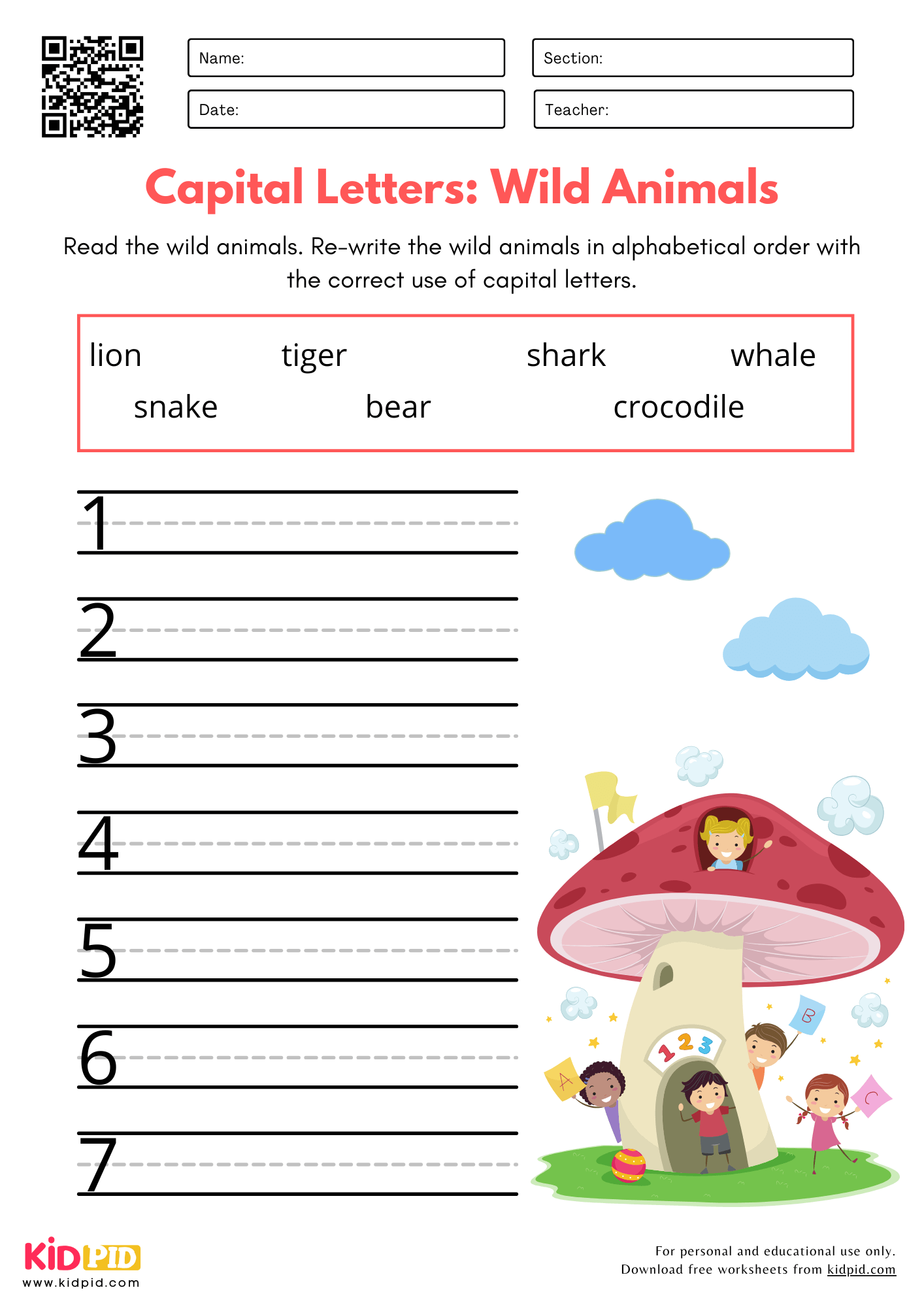 Capital Letters: Wild Animals - Proper Noun Capitalizations Practice Worksheet for Kindergarten