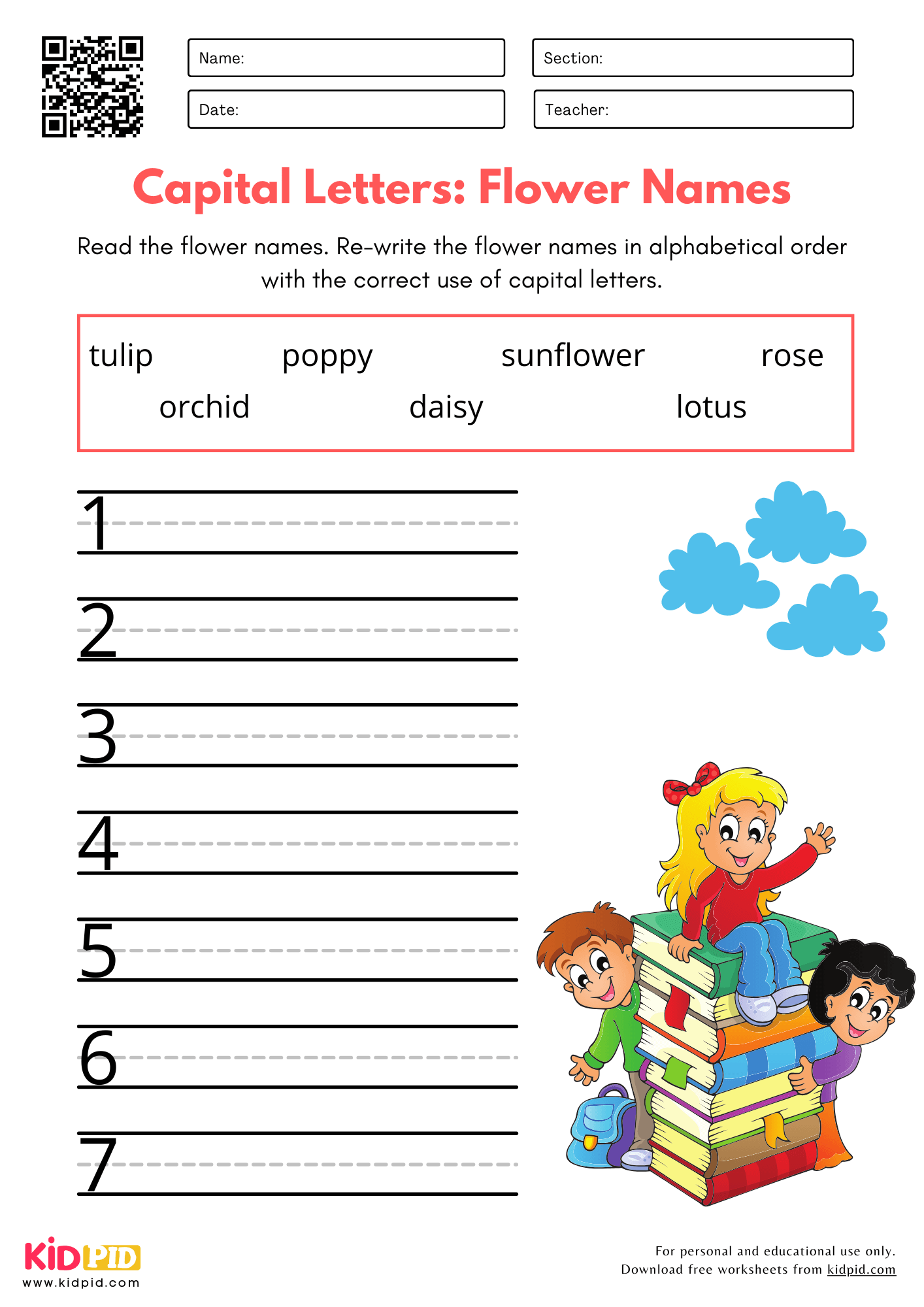 Capital Letters: Flower Names - Proper Noun Capitalizations Practice Worksheet for Kindergarten