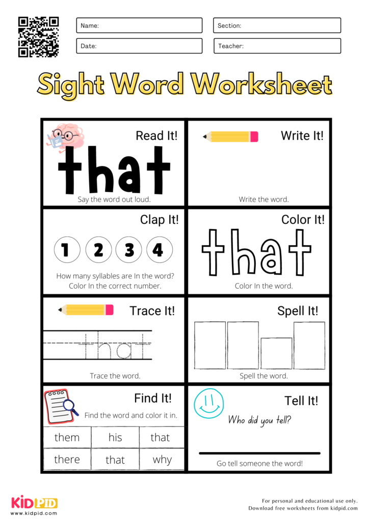 Sight Word Worksheets For Kindergarten