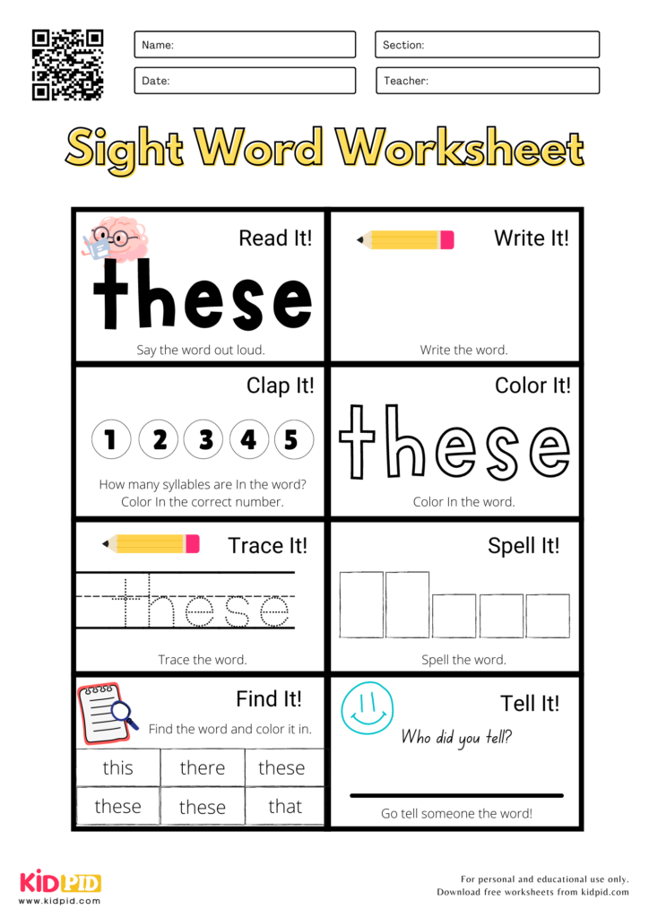 Sight Word Worksheets For Kindergarten