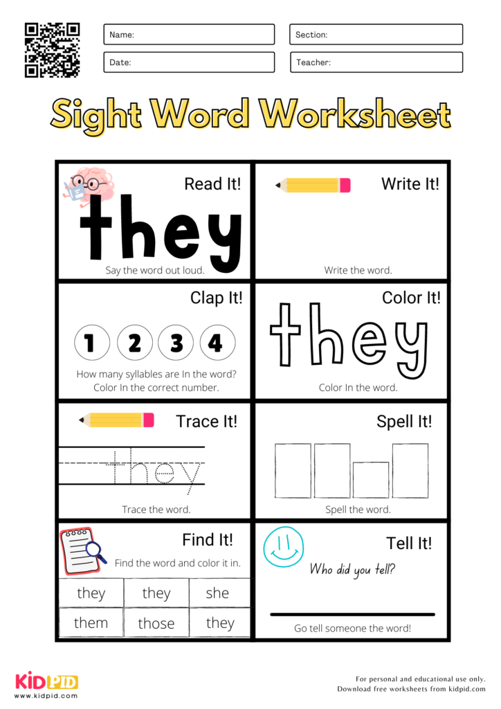 Sight Word Worksheets For Kindergarten