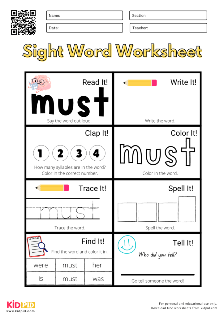 Sight Word Worksheets For Kindergarten