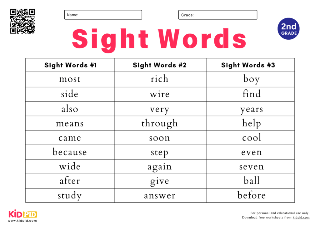 Sight Words Spelling List Worksheet For Grade 2