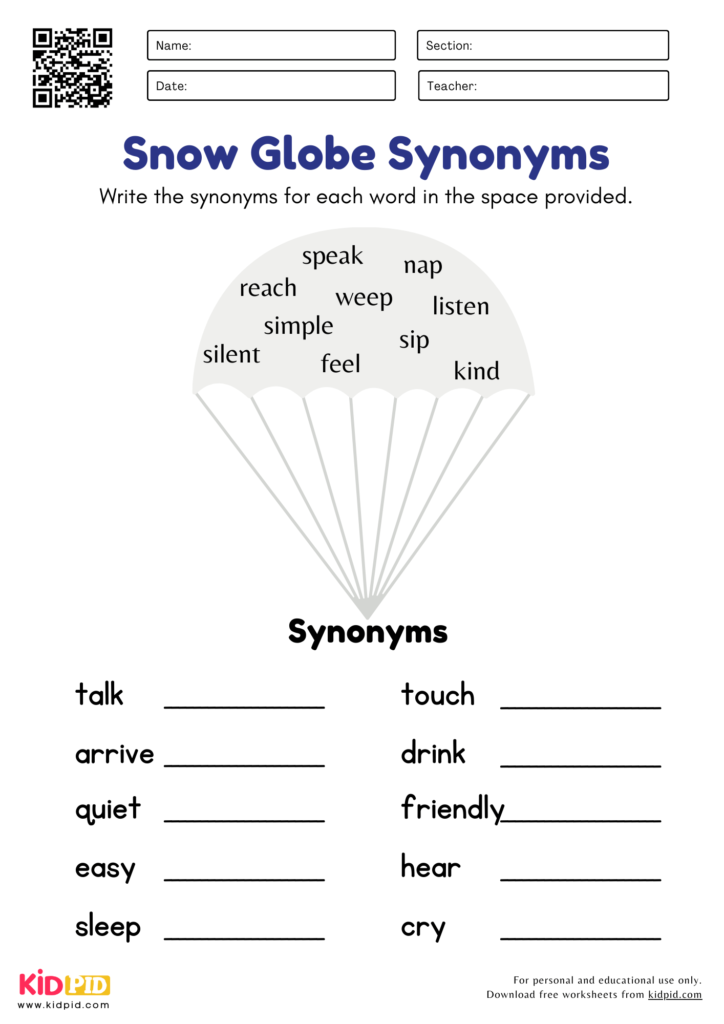 Snow Globe Synonyms Worksheets For Grade 2
