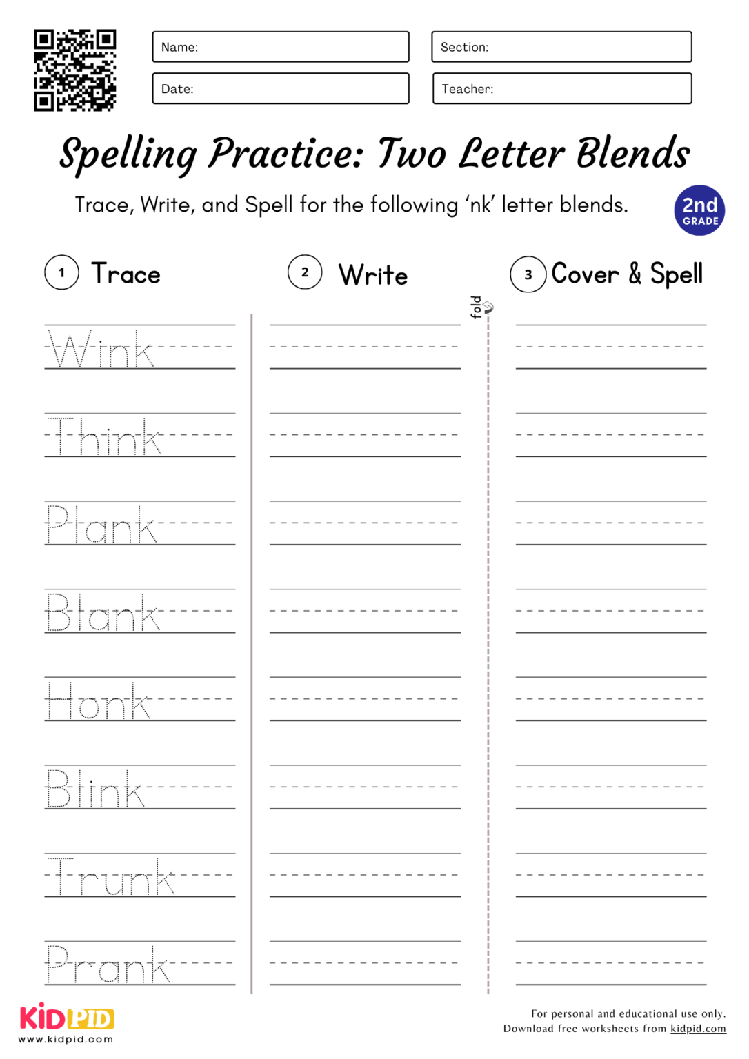Spelling Practice with Two Letter Blends Worksheet for Grade 2 - Kidpid