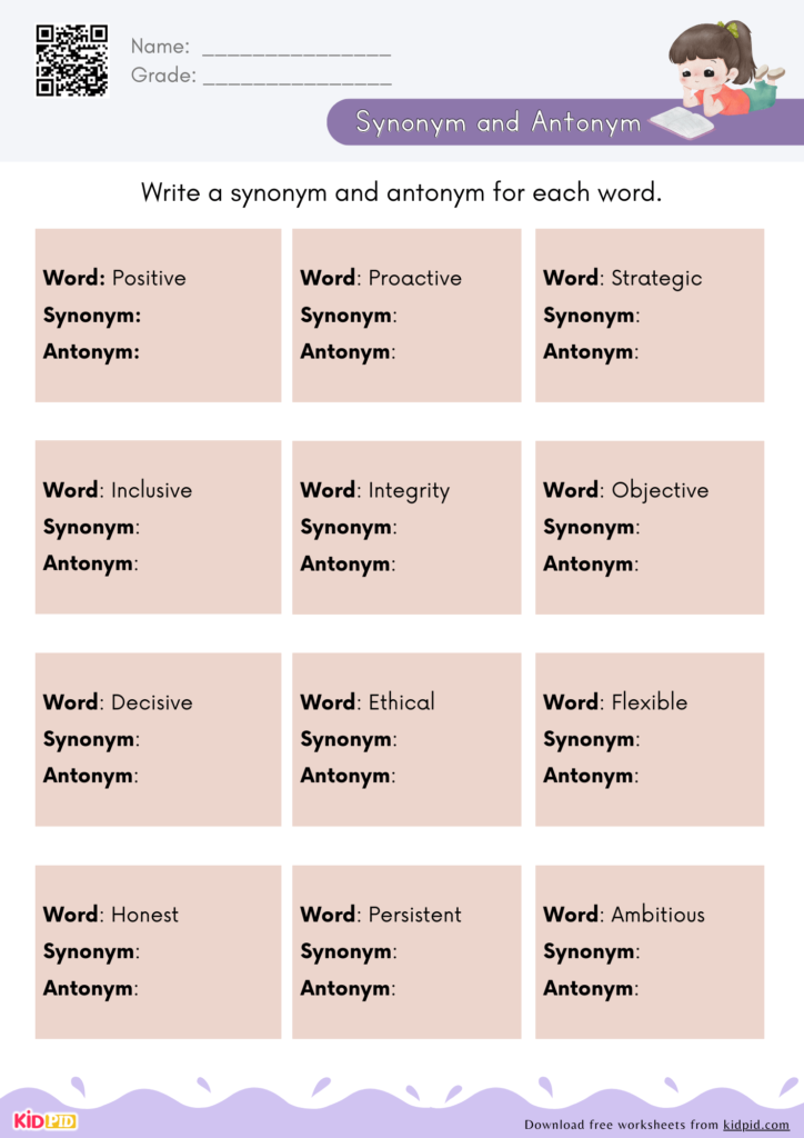 Synonym and Antonym Writing Worksheets For Grade 5