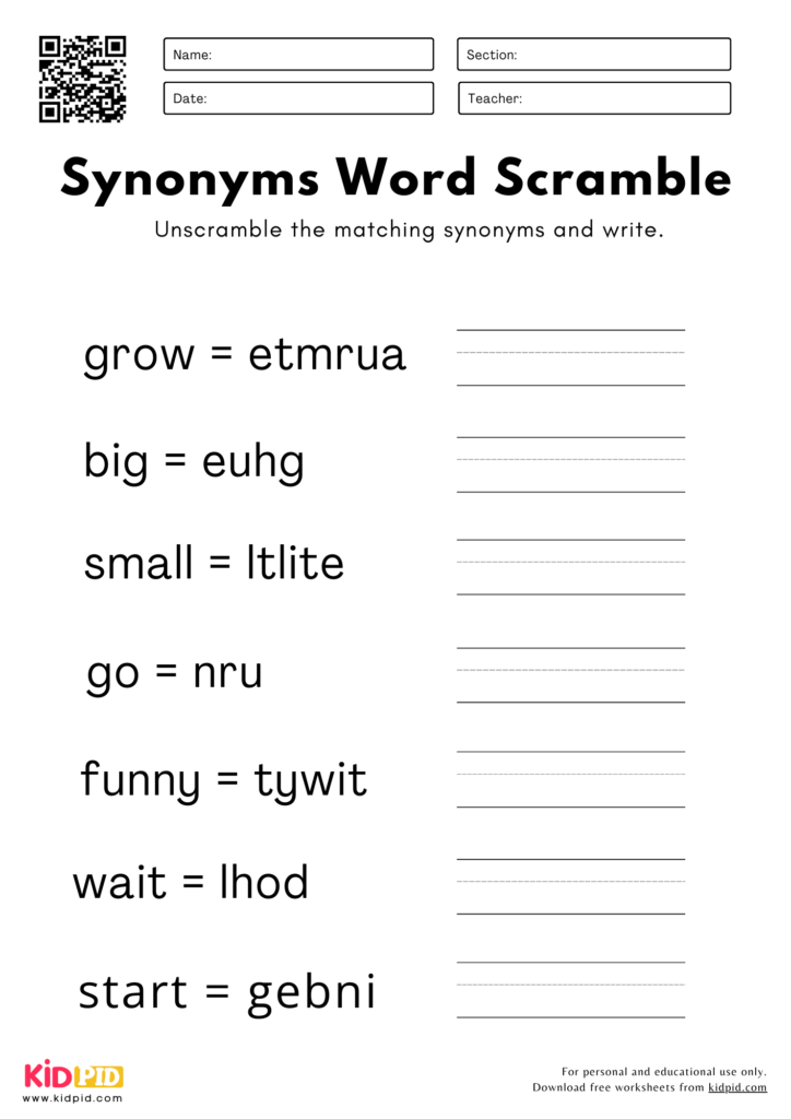 Synonyms Word Scramble Worksheets For Grade 2