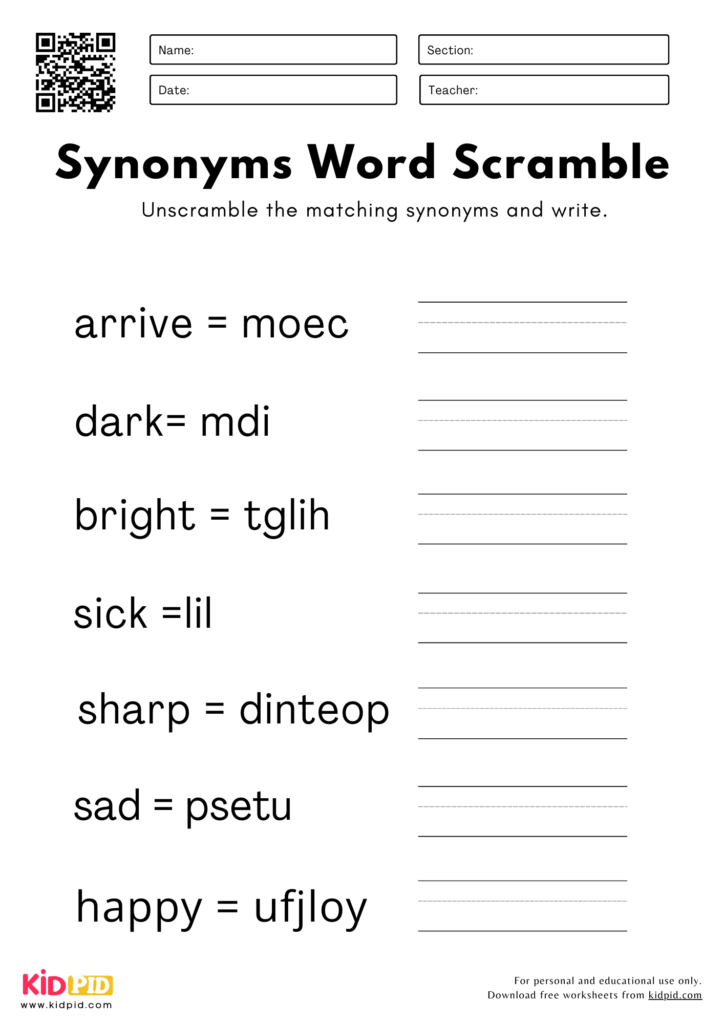 Synonyms Word Scramble Worksheets For Grade 2