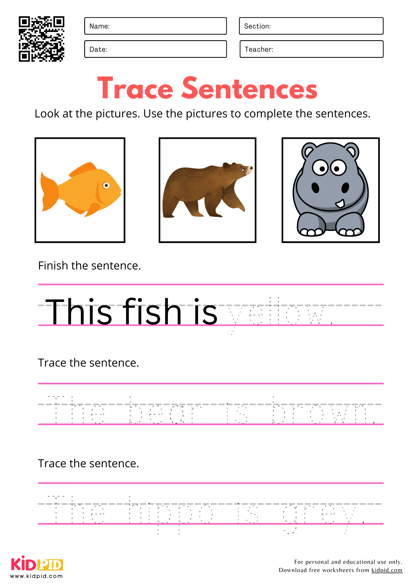 Trace Sentence with Pictures Worksheet for Kindergarten