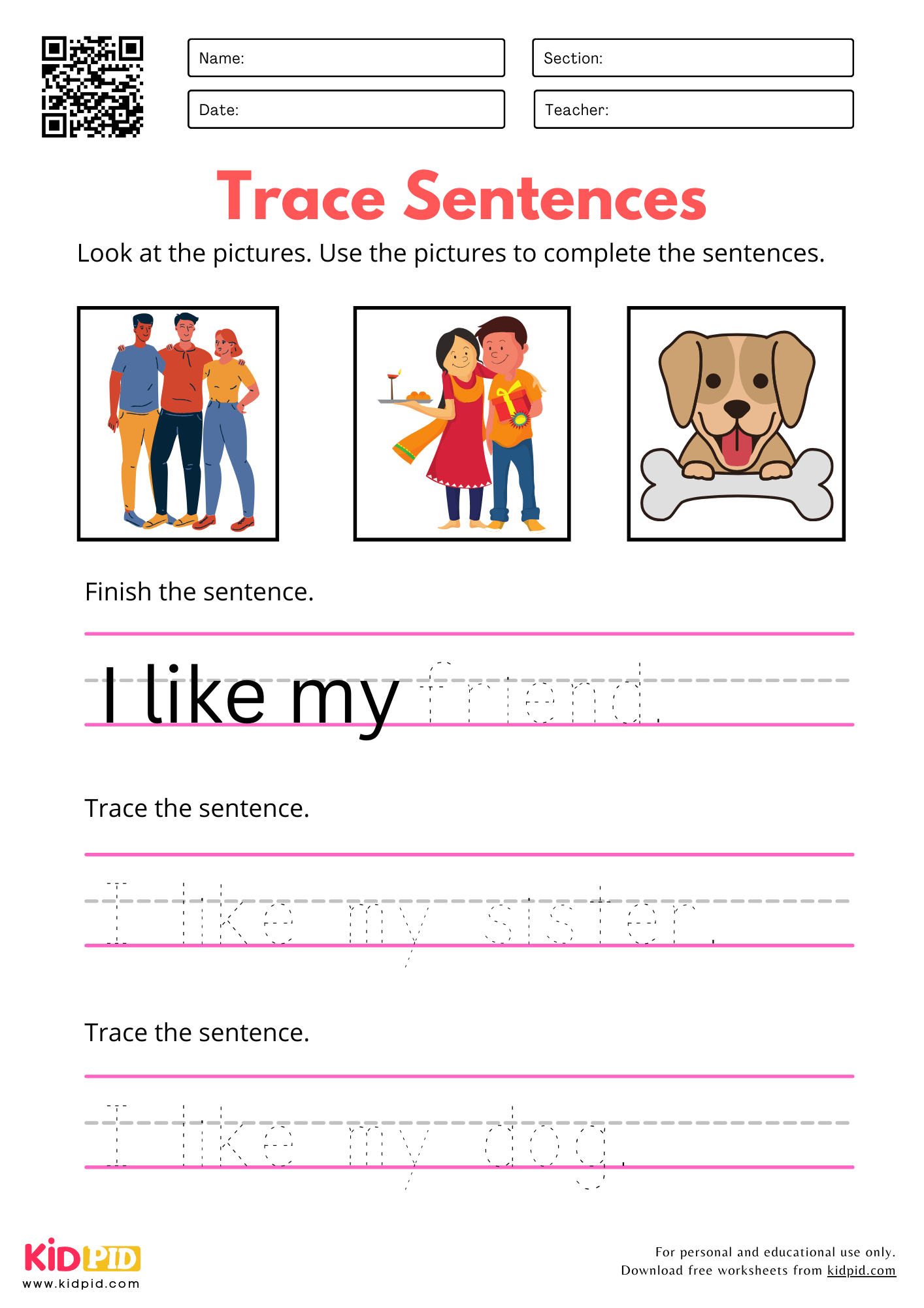 Trace Sentence with Pictures Worksheet for Kindergarten