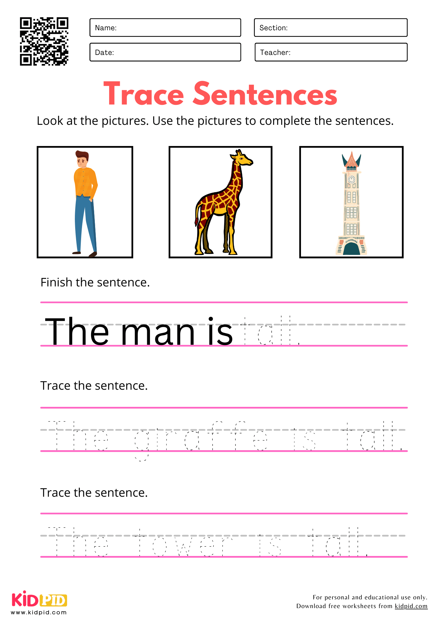 Trace Sentence with Pictures Worksheet for Kindergarten
