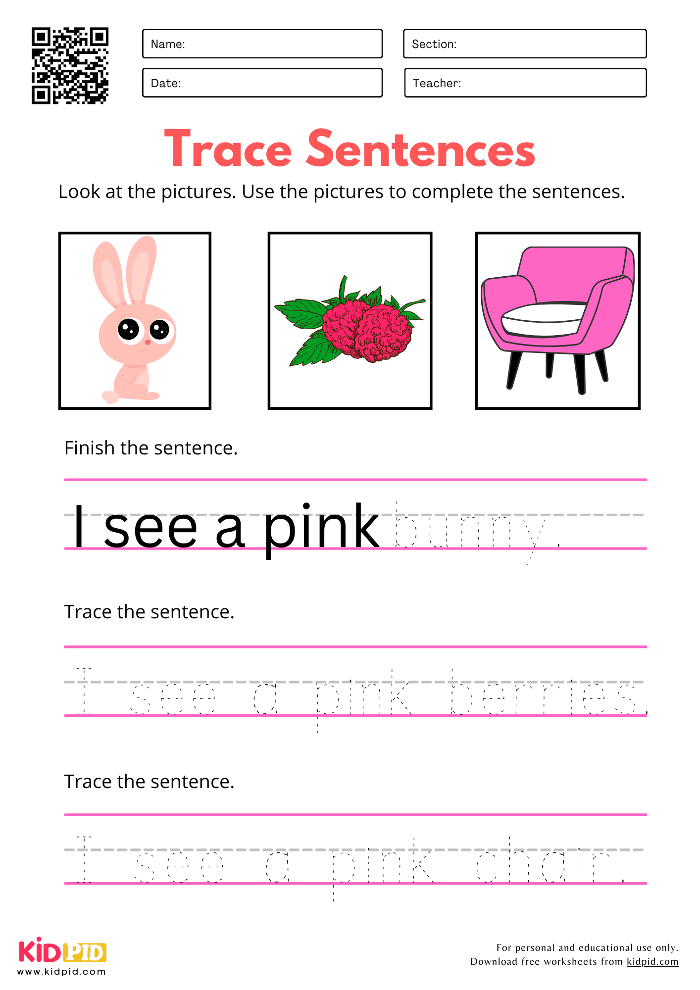 Trace Sentence with Pictures Worksheet for Kindergarten