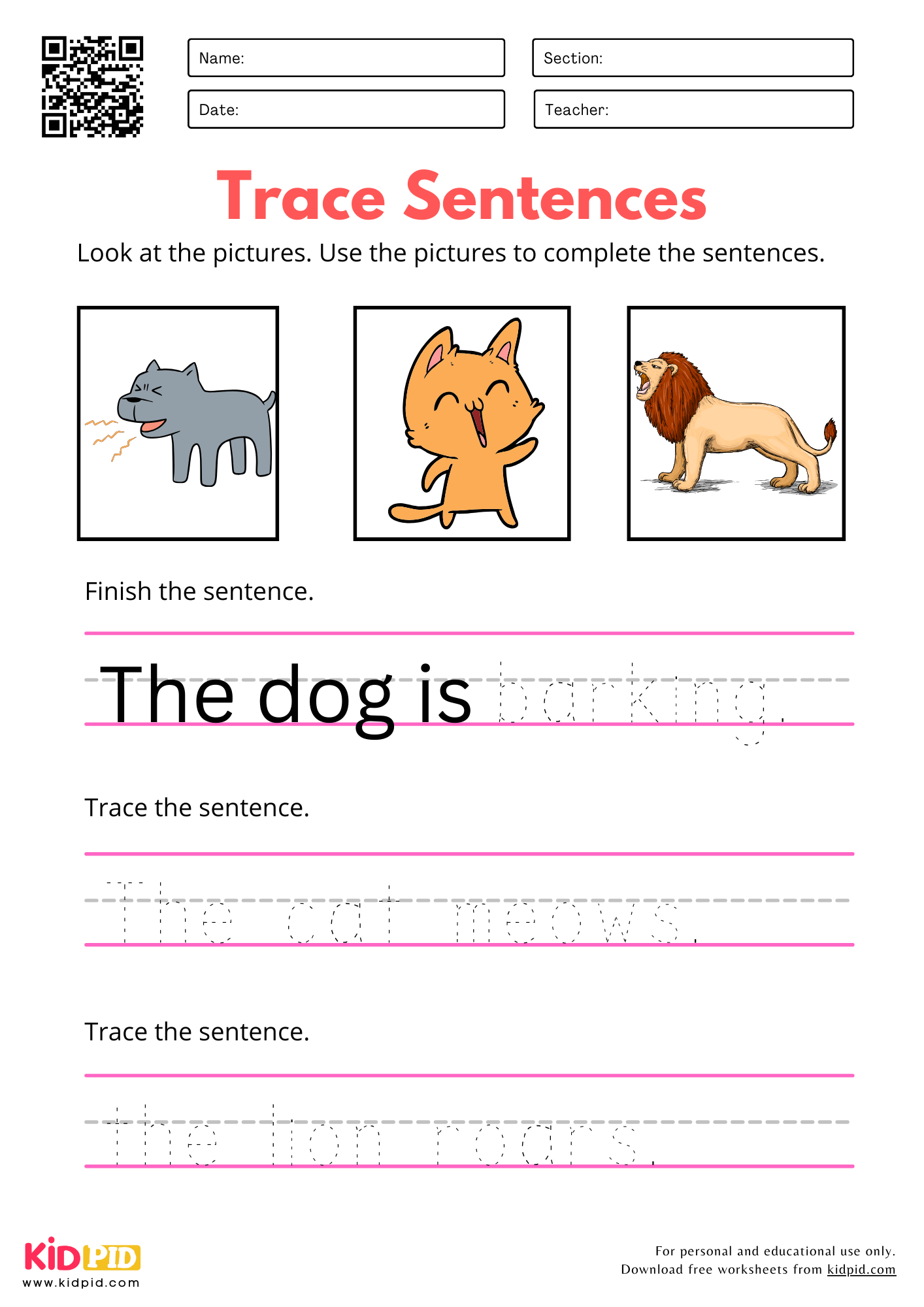 Trace Sentence with Pictures Worksheet for Kindergarten
