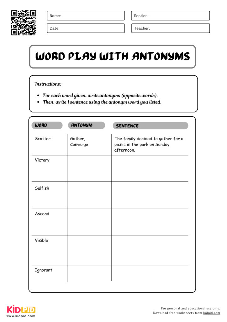 Word Play with Antonyms Worksheets For Grade 5