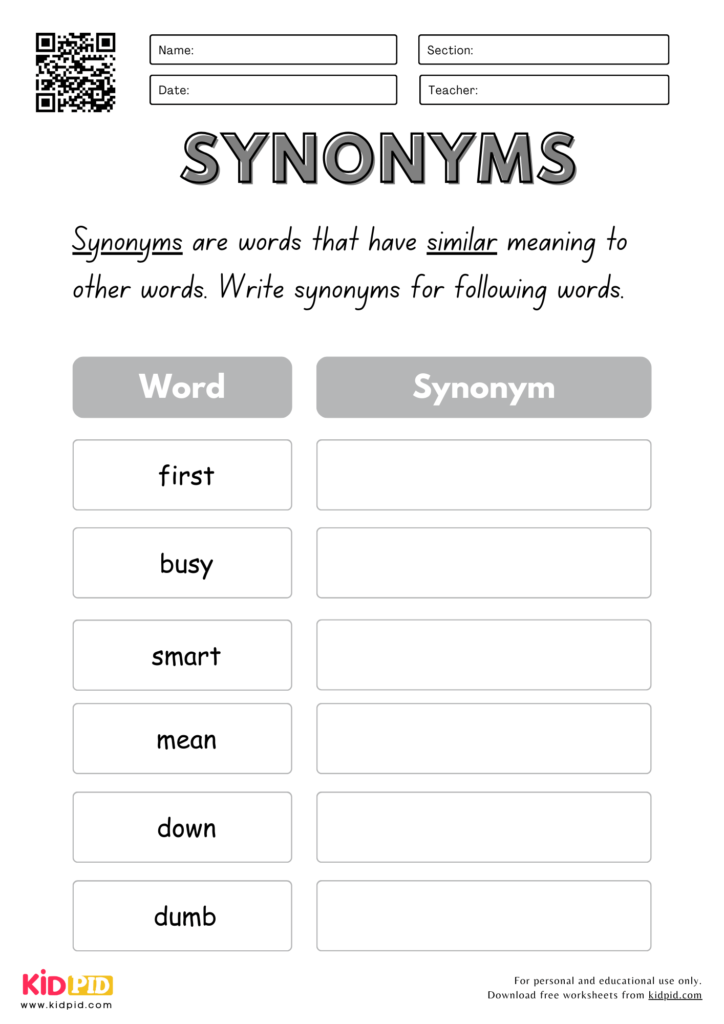 Write Synonyms Worksheet For Grade 4