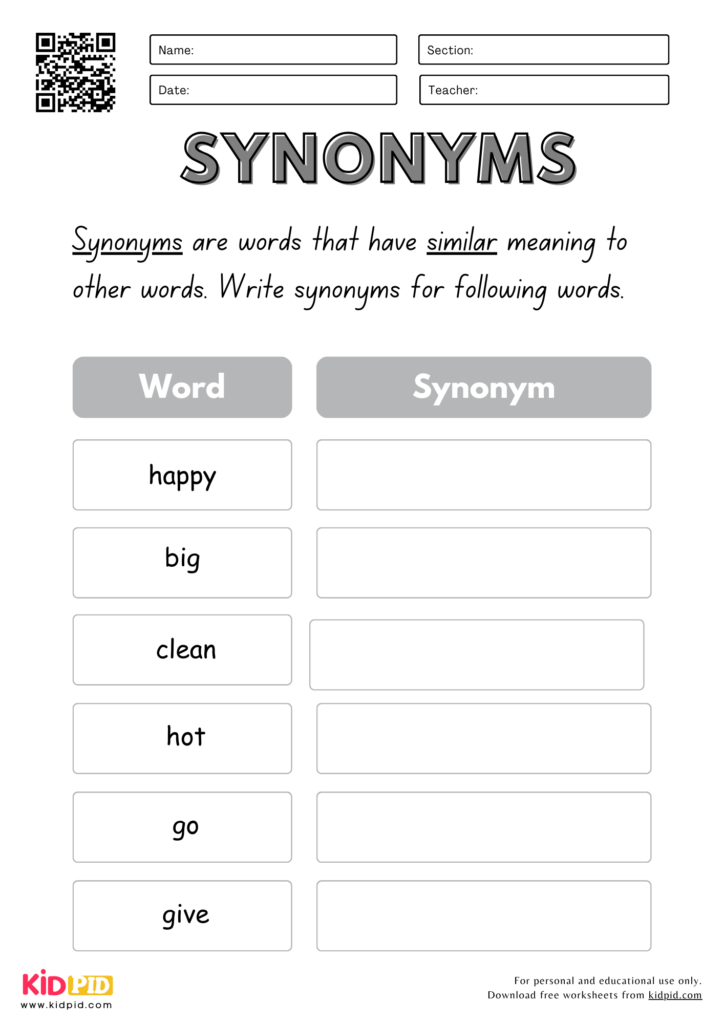 Write Synonyms Worksheet For Grade 4