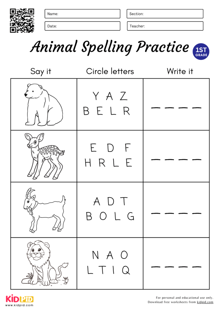 4 Letters Animal Spelling Circle & Write Worksheet for Grade 1
