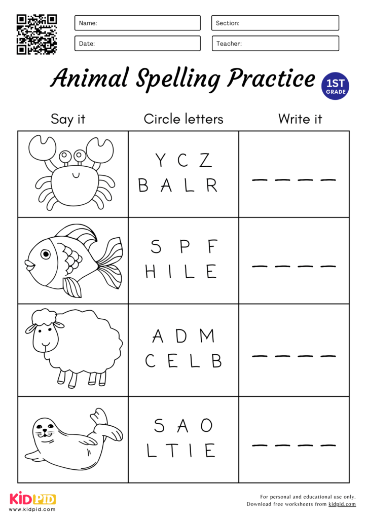 4 Letters Animal Spelling Circle & Write Worksheet for Grade 1