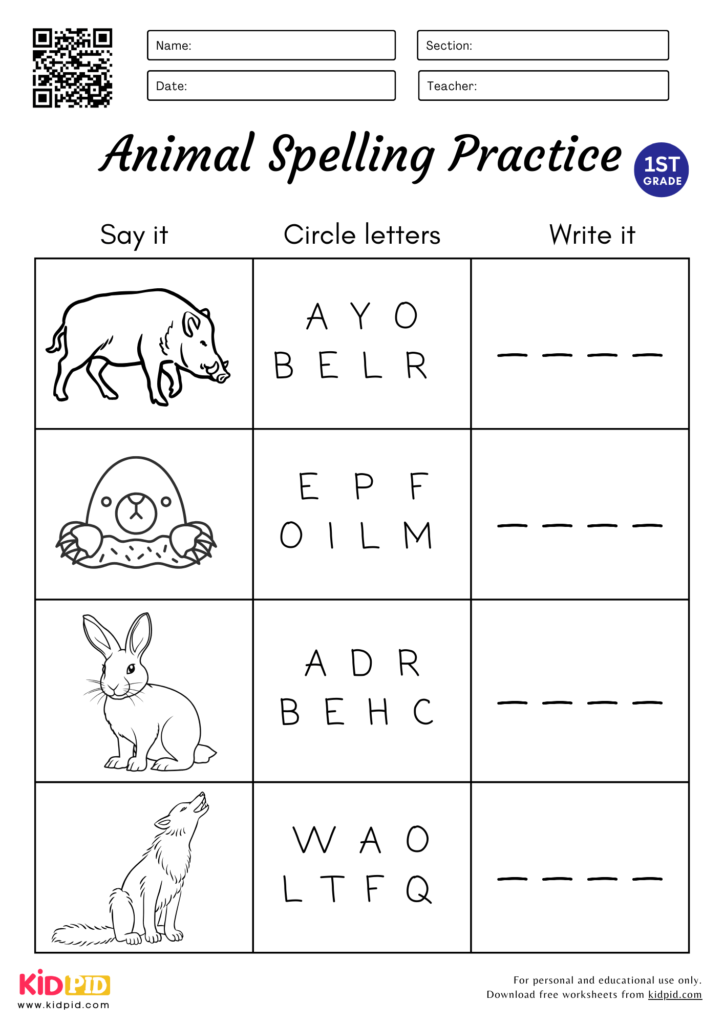 4 Letters Animal Spelling Circle & Write Worksheet for Grade 1