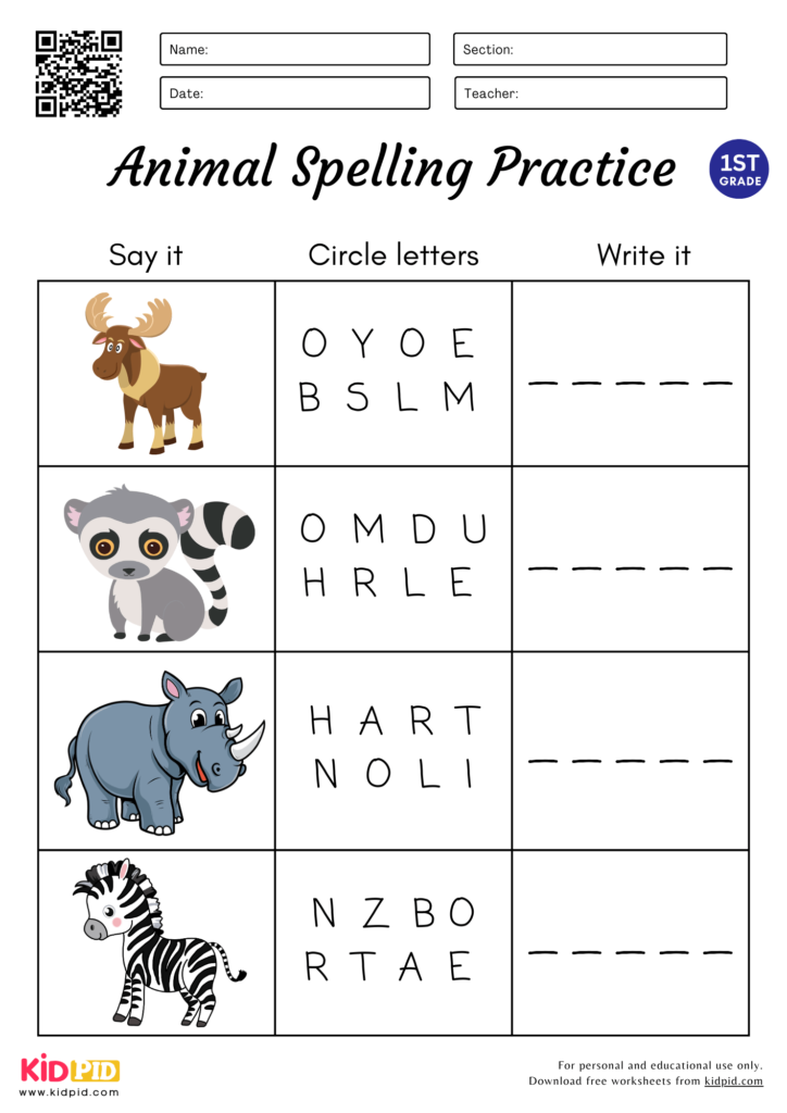 5 Letters Animal Spelling Circle & Write Worksheet for Grade 1