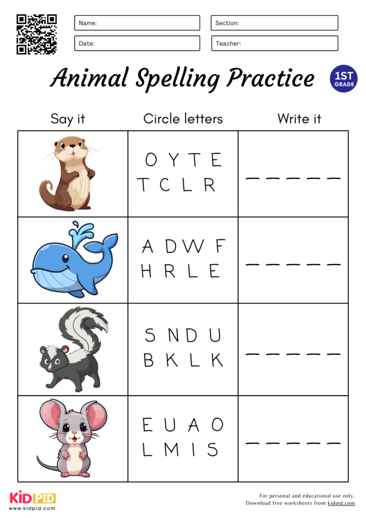 5 Letters Animal Spelling Circle & Write Worksheet for Grade 1