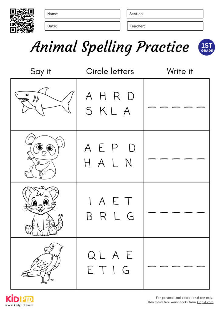 5 Letters Animal Spelling Circle & Write Worksheet for Grade 1 (Black & White)