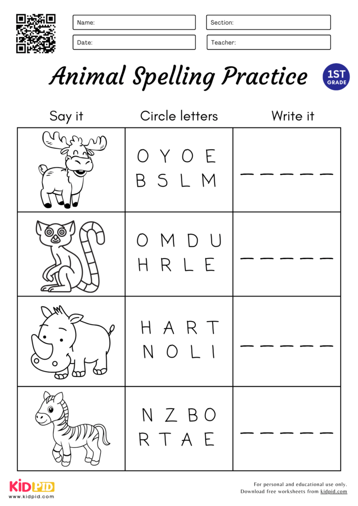 5 Letters Animal Spelling Circle & Write Worksheet for Grade 1 (Black & White)