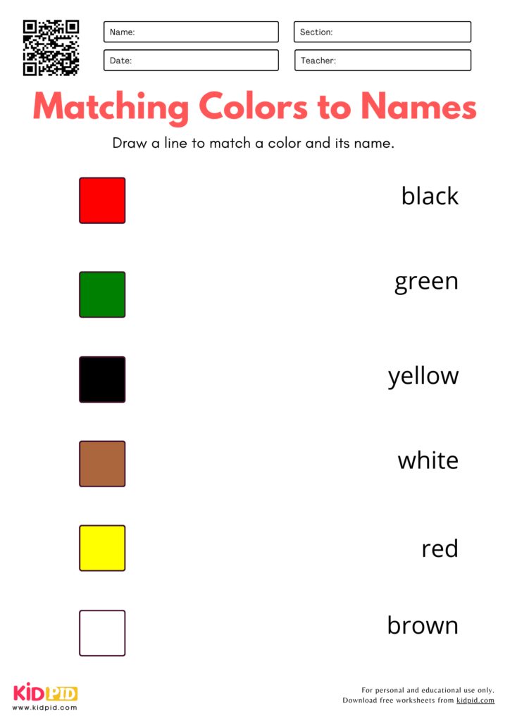 Match Color with Name Worksheet for Kindergarten